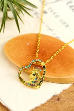 Hot Dear-Lover Unicorn Hollow Out Heart Shape Rhinestone Pendant Necklace Gold