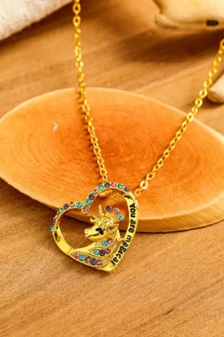 Hot Dear-Lover Unicorn Hollow Out Heart Shape Rhinestone Pendant Necklace Gold