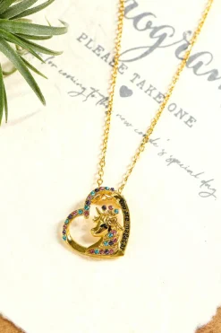 Hot Dear-Lover Unicorn Hollow Out Heart Shape Rhinestone Pendant Necklace Gold