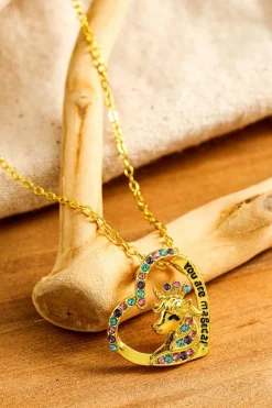 Hot Dear-Lover Unicorn Hollow Out Heart Shape Rhinestone Pendant Necklace Gold