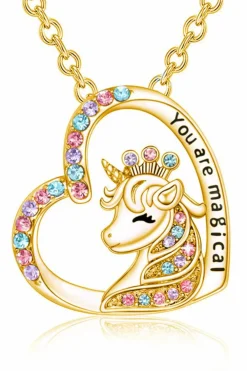 Hot Dear-Lover Unicorn Hollow Out Heart Shape Rhinestone Pendant Necklace Gold