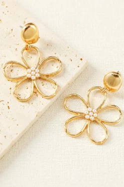 Online Dear-Lover Vintage Cut Out Flower Pearl Decor Stud Earrings Gold