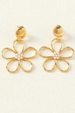 Online Dear-Lover Vintage Cut Out Flower Pearl Decor Stud Earrings Gold