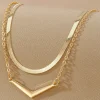 Sale Dear-Lover V-shape Pendant Snake Bone Chain Double Layer Necklace Gold