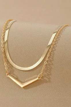 Sale Dear-Lover V-shape Pendant Snake Bone Chain Double Layer Necklace Gold