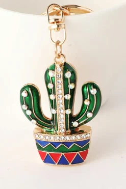 Clearance Dear-Lover Western Cactus Rhinestone Decor Keychain Gold