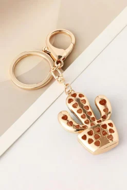 Clearance Dear-Lover Western Cactus Rhinestone Decor Keychain Gold