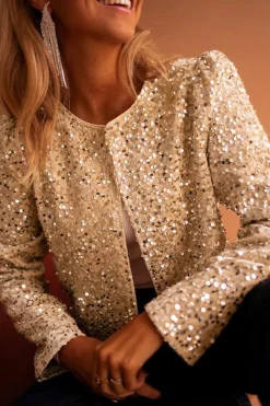 New Dear-Lover Sequined Open Front Cropped Jacket Golden Fleece