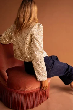 New Dear-Lover Sequined Open Front Cropped Jacket Golden Fleece
