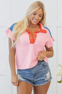 Best Dear-Lover Color Block Half Buttoned Ruffled Short Sleeve T Shirt Gossamer Pink