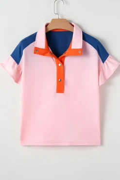 Best Dear-Lover Color Block Half Buttoned Ruffled Short Sleeve T Shirt Gossamer Pink
