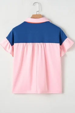 Best Dear-Lover Color Block Half Buttoned Ruffled Short Sleeve T Shirt Gossamer Pink