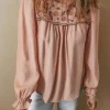 Hot Dear-Lover Floral Embroidered Textured Flounce Sleeve Elegant Blouse Gossamer Pink