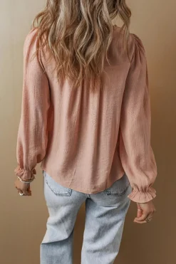 Hot Dear-Lover Floral Embroidered Textured Flounce Sleeve Elegant Blouse Gossamer Pink