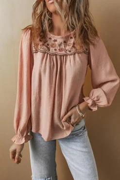 Hot Dear-Lover Floral Embroidered Textured Flounce Sleeve Elegant Blouse Gossamer Pink