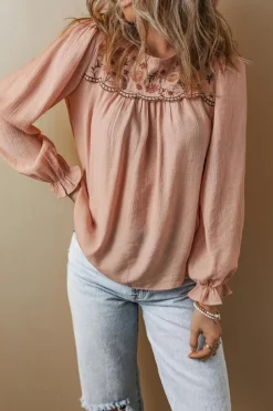 Hot Dear-Lover Floral Embroidered Textured Flounce Sleeve Elegant Blouse Gossamer Pink