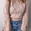 New Dear-Lover Openwork Plaid Puff Sleeve Cropped Sweater Gossamer Pink