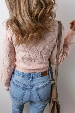 New Dear-Lover Openwork Plaid Puff Sleeve Cropped Sweater Gossamer Pink