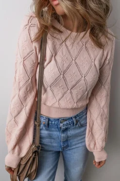 New Dear-Lover Openwork Plaid Puff Sleeve Cropped Sweater Gossamer Pink