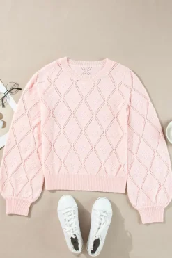 New Dear-Lover Openwork Plaid Puff Sleeve Cropped Sweater Gossamer Pink