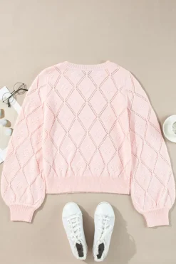 New Dear-Lover Openwork Plaid Puff Sleeve Cropped Sweater Gossamer Pink