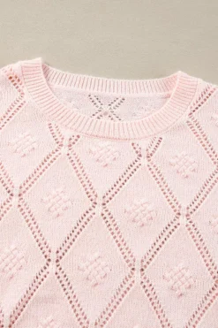 New Dear-Lover Openwork Plaid Puff Sleeve Cropped Sweater Gossamer Pink