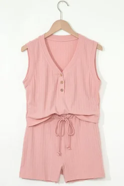 Outlet Dear-Lover Ribbed Button V Neck Tank Top and Shorts Set Gossamer Pink