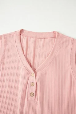 Outlet Dear-Lover Ribbed Button V Neck Tank Top and Shorts Set Gossamer Pink