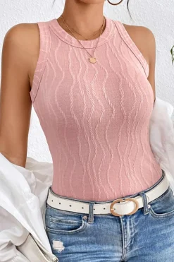 Online Dear-Lover Solid Color Textured Wavy Slim Fit Tank Top Gossamer Pink