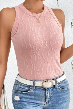 Online Dear-Lover Solid Color Textured Wavy Slim Fit Tank Top Gossamer Pink