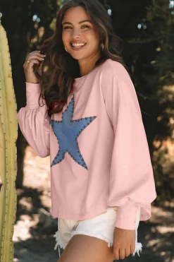 Best Dear-Lover Studded Star Graphic Oversized Long Sleeve Top Gossamer Pink