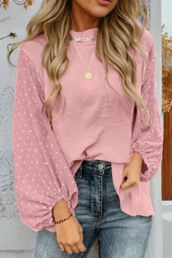 Sale Dear-Lover Swiss Dot Balloon Sleeve Loose Blouse Gossamer Pink
