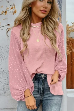 Sale Dear-Lover Swiss Dot Balloon Sleeve Loose Blouse Gossamer Pink