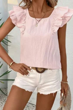 Discount Dear-Lover Textured Bow Knot Frilled Butterfly Sleeve Blouse Gossamer Pink
