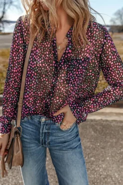 Clearance Dear-Lover Polka Dot Printed Buttoned Casual Shirt Grape Wine