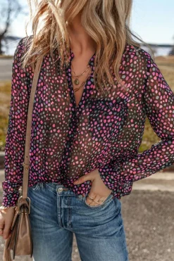 Clearance Dear-Lover Polka Dot Printed Buttoned Casual Shirt Grape Wine