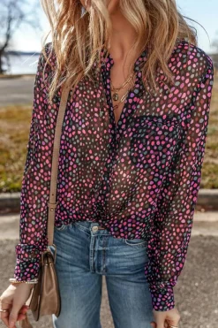 Clearance Dear-Lover Polka Dot Printed Buttoned Casual Shirt Grape Wine