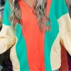 Discount Dear-Lover Color Block Patchwork Collared V Neck Loose Top Grapefruit Orange
