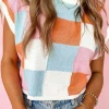 Clearance Dear-Lover Color Block Cap Sleeve Sweater Grapefruit Orange