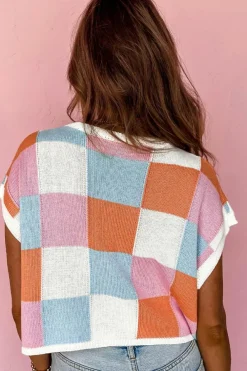 Clearance Dear-Lover Color Block Cap Sleeve Sweater Grapefruit Orange