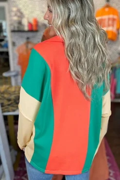 Discount Dear-Lover Color Block Patchwork Collared V Neck Loose Top Grapefruit Orange