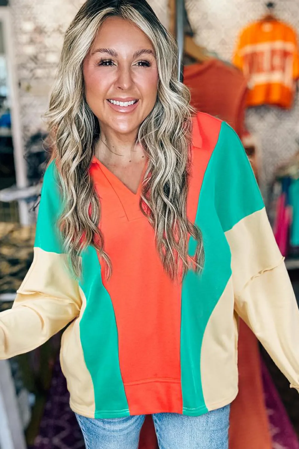 Discount Dear-Lover Color Block Patchwork Collared V Neck Loose Top Grapefruit Orange