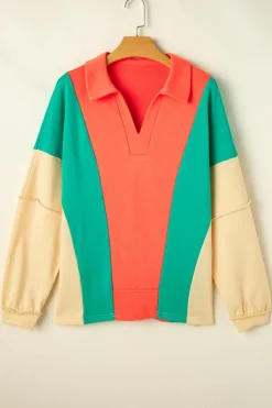 Discount Dear-Lover Color Block Patchwork Collared V Neck Loose Top Grapefruit Orange