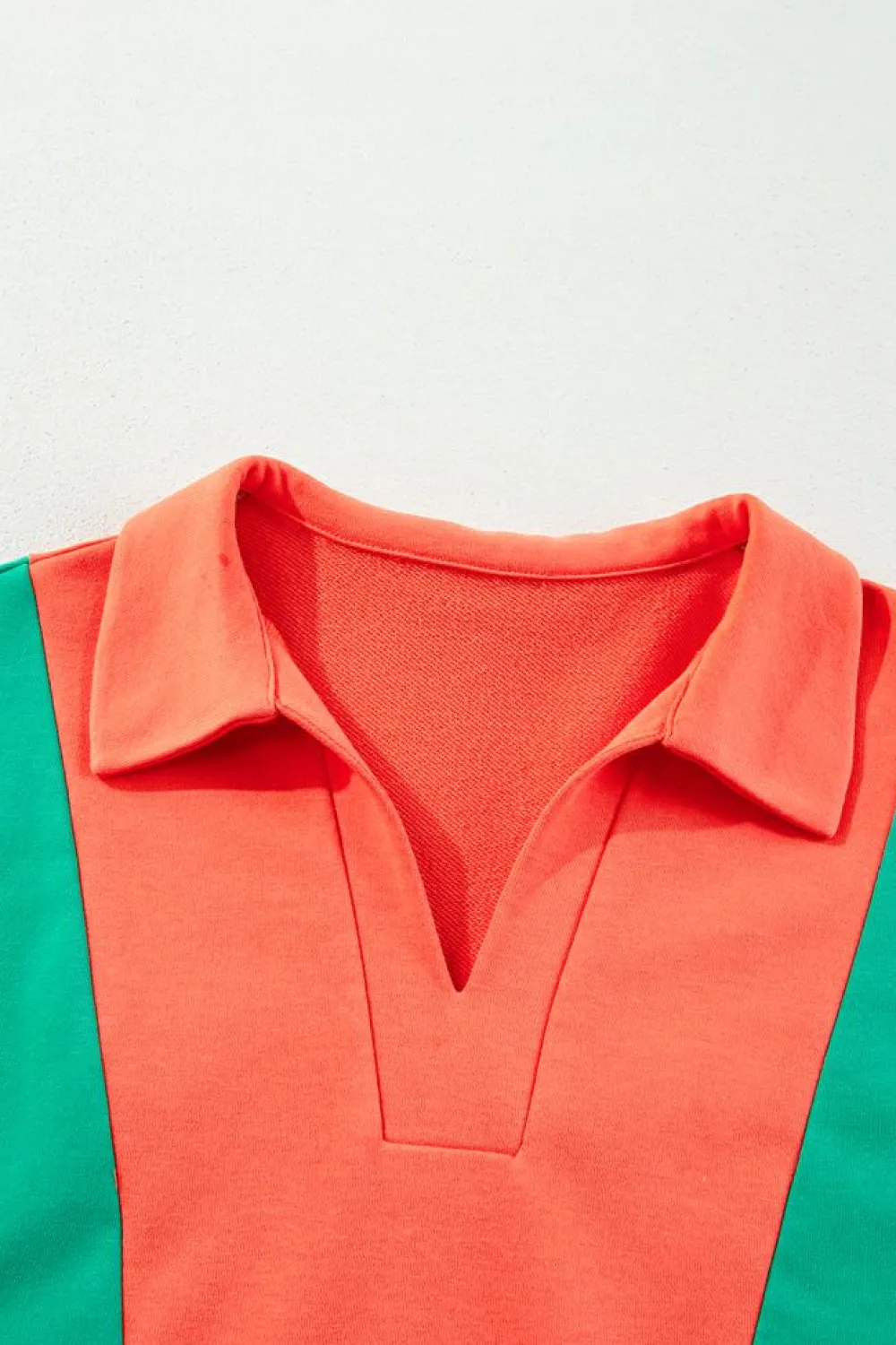Discount Dear-Lover Color Block Patchwork Collared V Neck Loose Top Grapefruit Orange