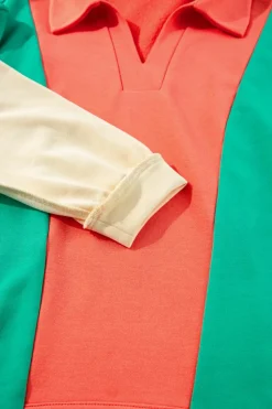 Discount Dear-Lover Color Block Patchwork Collared V Neck Loose Top Grapefruit Orange