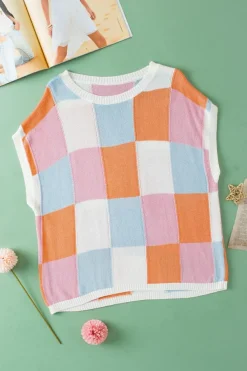 Clearance Dear-Lover Color Block Cap Sleeve Sweater Grapefruit Orange