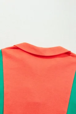 Discount Dear-Lover Color Block Patchwork Collared V Neck Loose Top Grapefruit Orange
