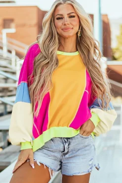 Fashion Dear-Lover Colorblock Patchwork Exposed Stitching Oversize Top Grapefruit Orange