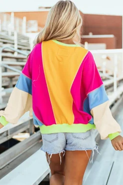 Fashion Dear-Lover Colorblock Patchwork Exposed Stitching Oversize Top Grapefruit Orange