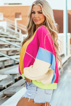 Fashion Dear-Lover Colorblock Patchwork Exposed Stitching Oversize Top Grapefruit Orange